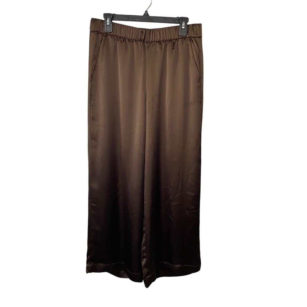 LOFT Womens Brown Satin Wide Leg Elastic Waist Pullโ On Trousers Size M